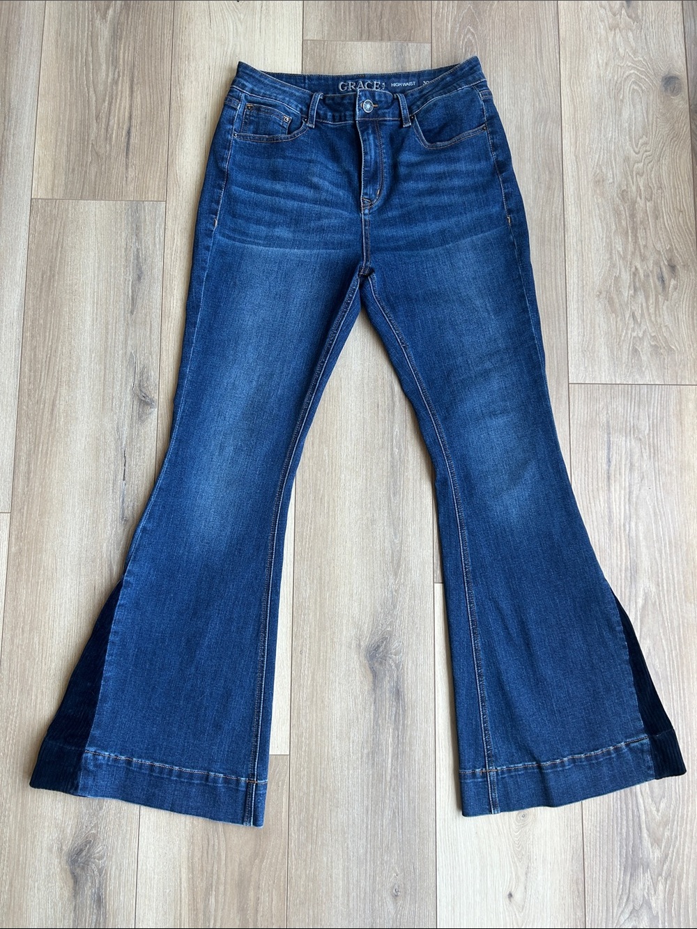 Grace in LA Deep Indigo Flare Jeans with Corduroy Panel Detail